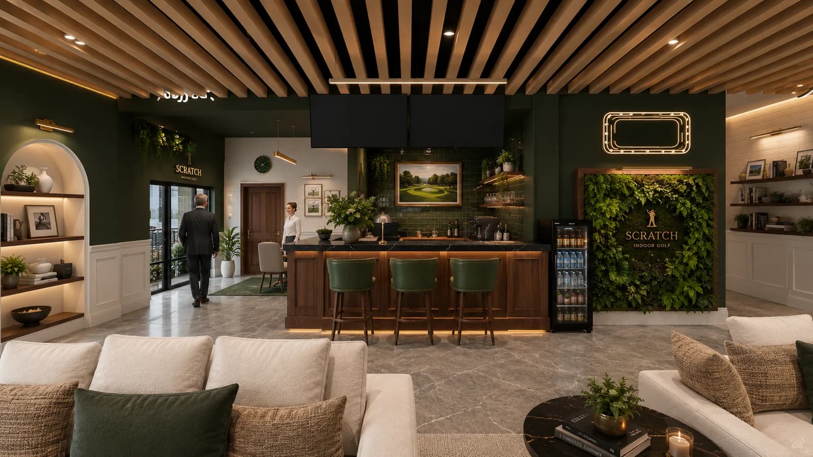 The Scratch bar with green subway tile, black quartz counter and a living wall carrying the Scratch Indoor Golf logo