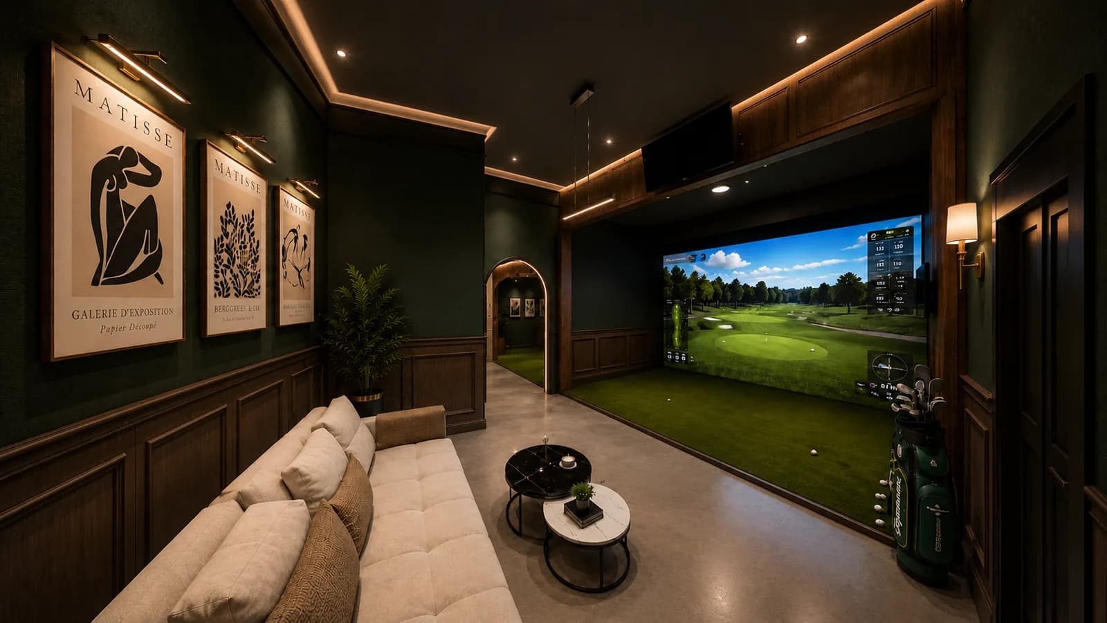 Design visual of indoor golf simulator bay at Scratch with walnut panelling, putting turf and a course projected on the screen