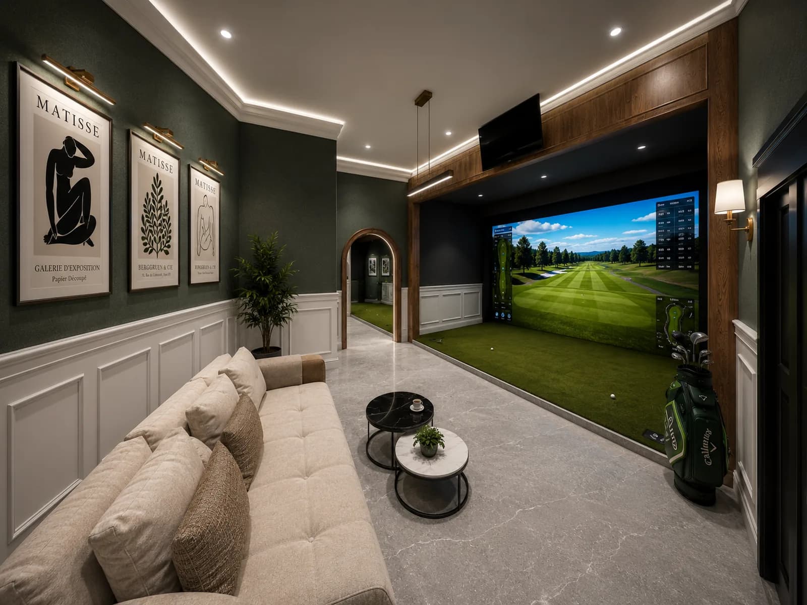 Design visual of lounge seating in a Scratch simulator bay with a long cream sofa facing the projection screen