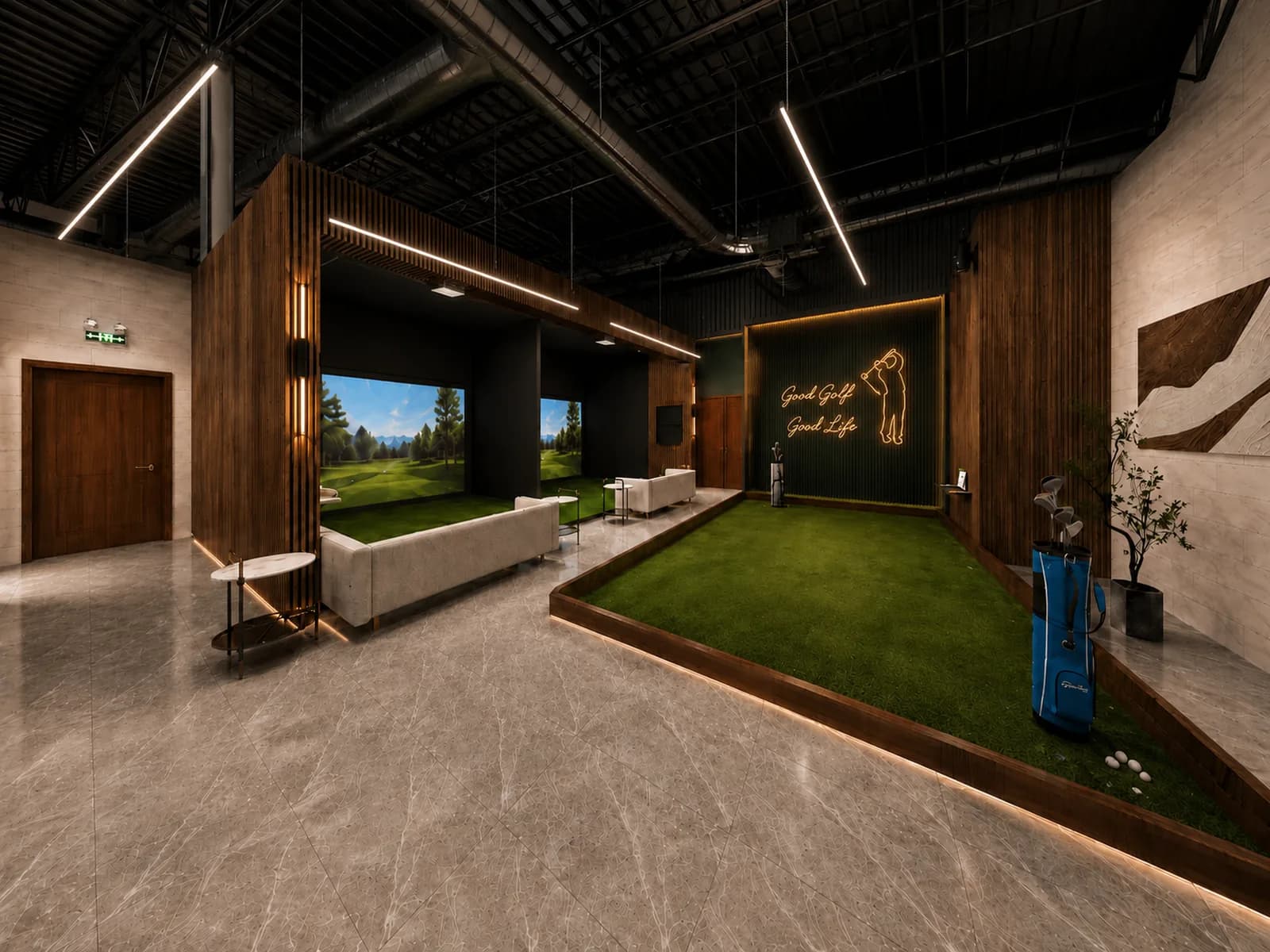 Design visual of open practice area at Scratch with a putting green, simulator bays and a Good Golf Good Life neon sign